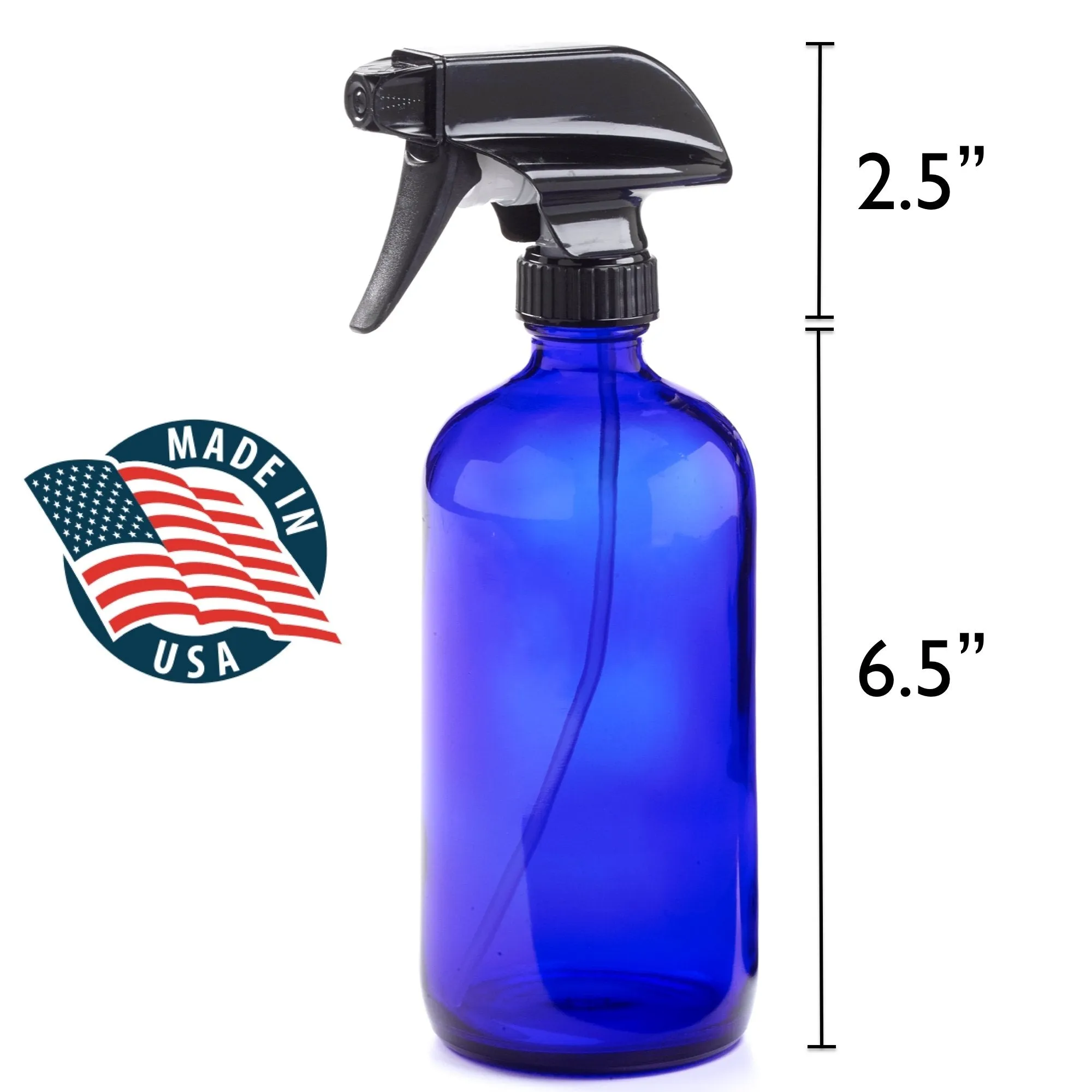 16oz Empty Cobalt Blue Glass Spray Bottles w/Labels and Caps- Mist & Stream Sprayer - BPA Free - Boston Round Heavy Duty Bottle - For Essential Oils, Cleaning, Kitchen, Hair, Perfumes (4 Pack)