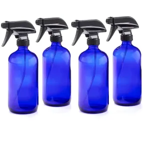 16oz Empty Cobalt Blue Glass Spray Bottles w/Labels and Caps- Mist & Stream Sprayer - BPA Free - Boston Round Heavy Duty Bottle - For Essential Oils, Cleaning, Kitchen, Hair, Perfumes (4 Pack)