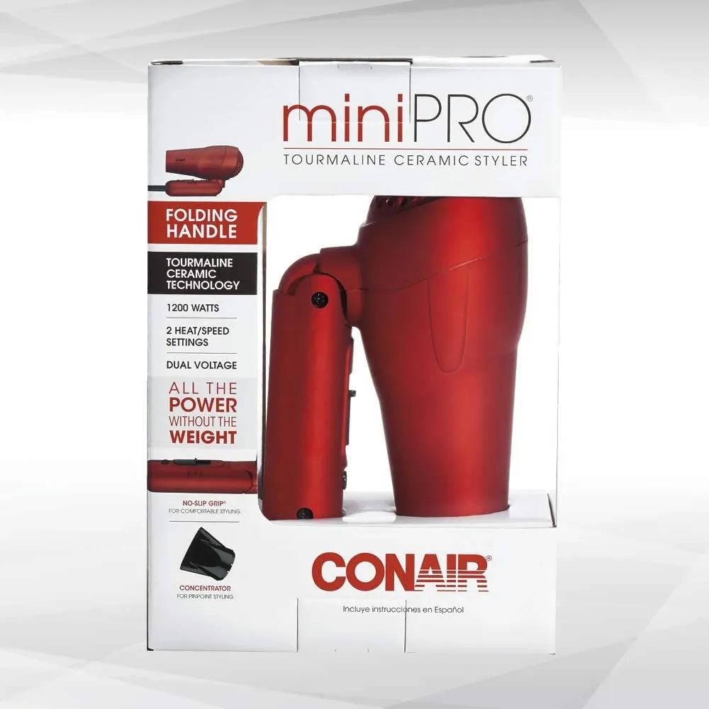 Conair MiniPRO Tourmaline Ceramic Hair Dryer with Folding Handle (Red) - C-263SR