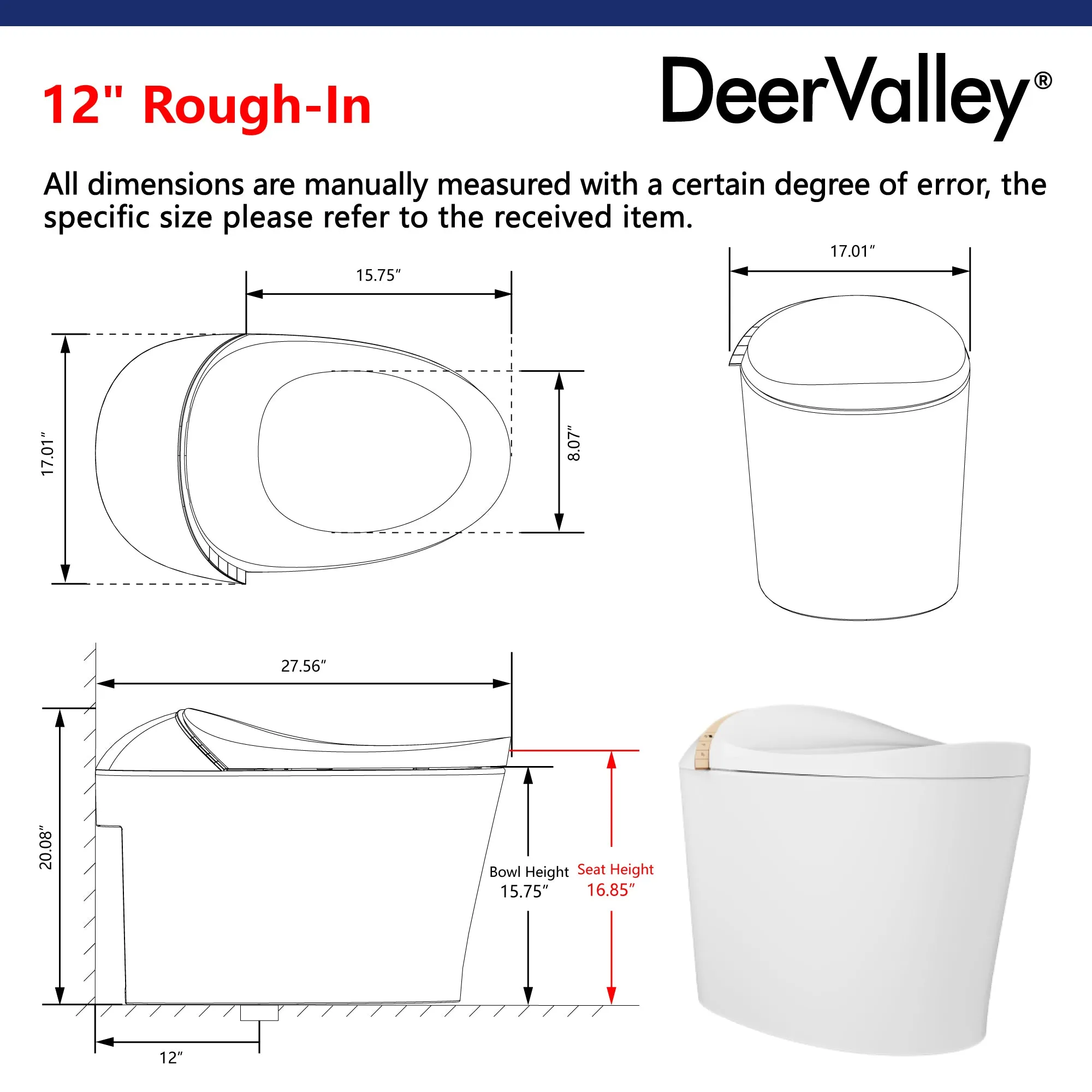 DeerValley DV-1S0160-V3 Smart Bidet Toilet with Off-Seat Flush/Foot Sensor Flush, Automatic Tankless Toilet with Heated Seat, Warm Water Cleaning, Warm Air dryer