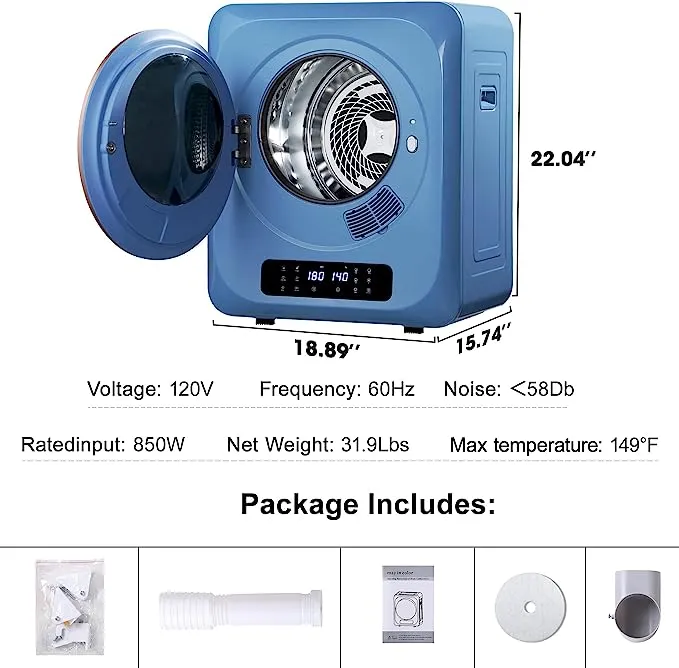 Portable Dryer for Apartments, Front Load 120 V Electric RV Dryer with Smart Moisture Sensor, LCD Control Panel Tumble Portable Clothes Dryer Machine with Stainless Steel Drum for Apartment, Dorm and Home, Size 1.6 cu.ft, Blue 850W