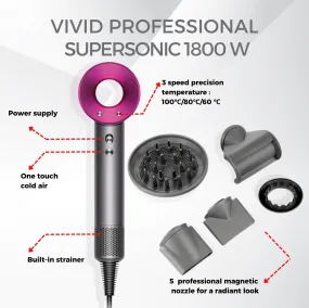 VIVID Professional airflow Salon Leafless DYSON Supersonic design Blower Fast Hairdryer 1500-1800W, 3 precise speed ,4 precise heat settings with 5 Magnetic attachments for quick drying and efficient styling. RED